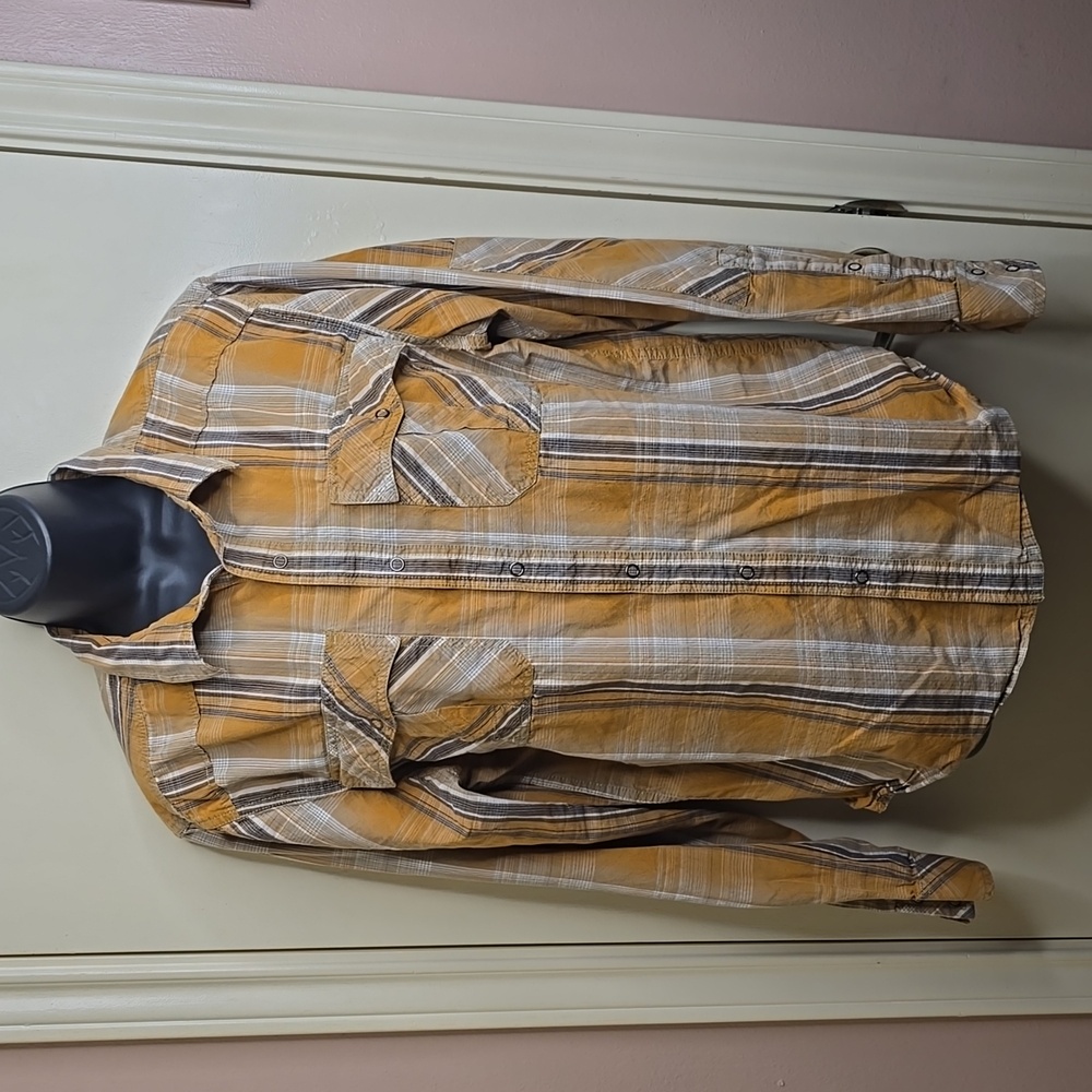 Prana Brown Plaid Snap Buttons Long Sleeves Organic Cotton Western Cowgirl